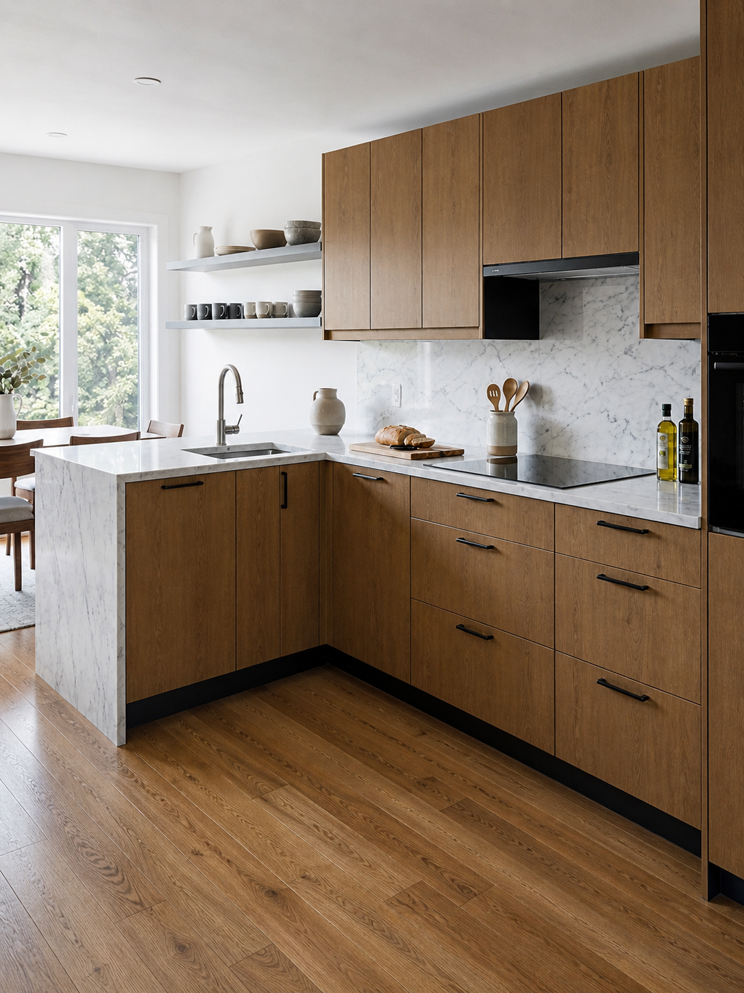 Réalisation WRAPSTUDIO — finition bois et marbre, covering cuisine sur mesure